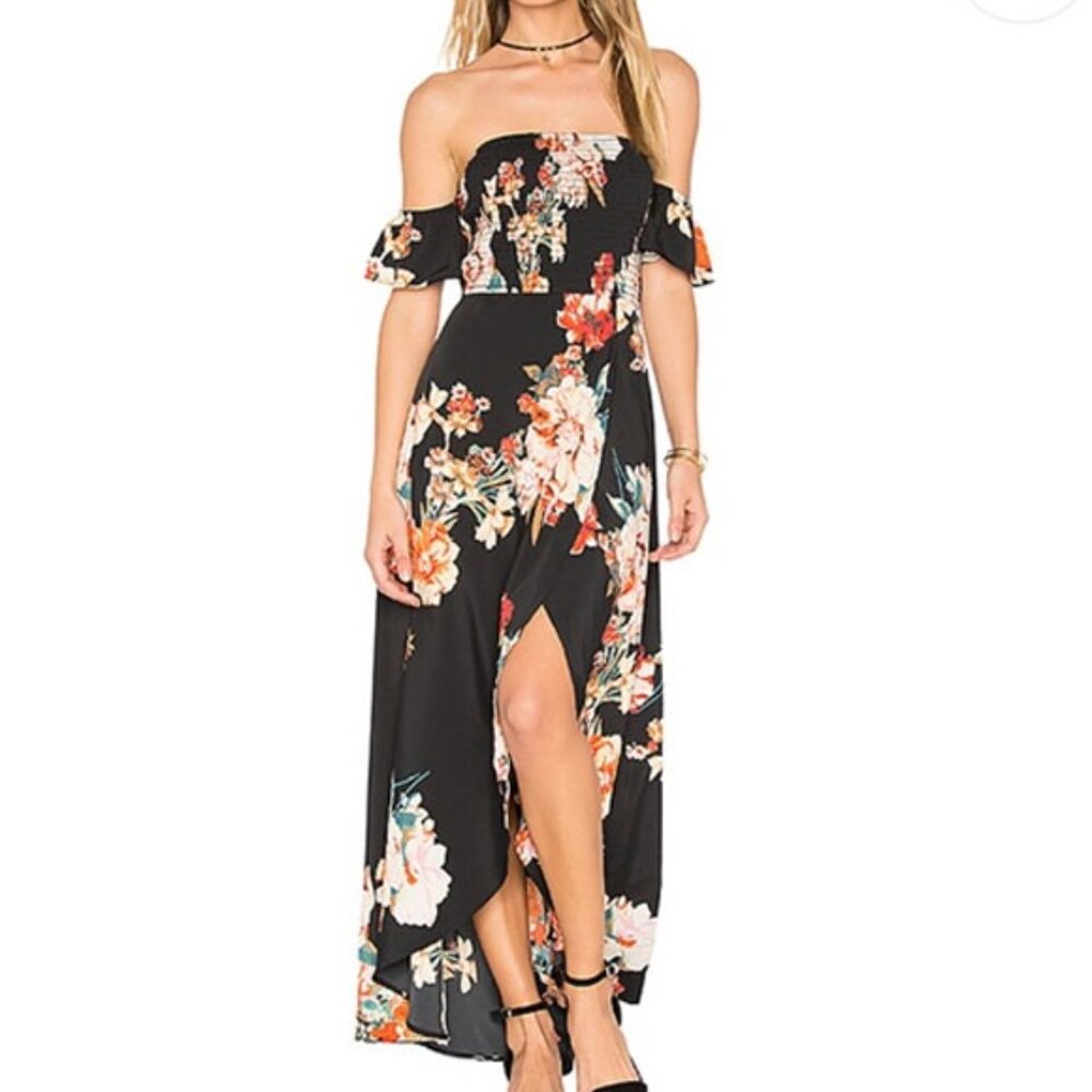 Revolve Band Of Gypsies Smocked Off-Shoulder Maxi Dress S Black Floral